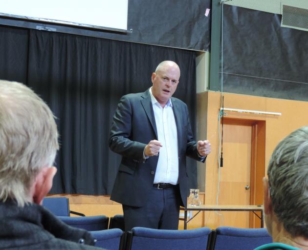 National Party agriculture spokesman Todd Muller discusses proposed freshwater legislation at a meeting in Papakaio last week. Photo: Sally Brooker