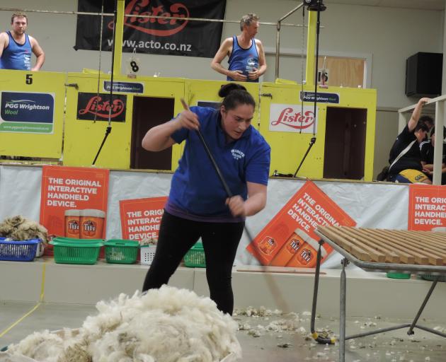 Eventual winner Pagan Karauria, from Alexandra, clears the floor in the open woolhandling final. A win at Waimate was a long-held goal; next on her list is winning at the Golden Shears. Photos: Sally Brooker