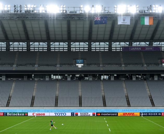 Ireland's Jonathon Sexton trained by himself at the Tokyo Stadium in Chofu last night. Photo:...