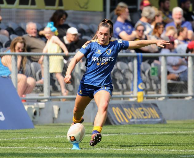 Rosie Kelly lines up a kick during the Farah Palmer Cup final at Forsyth Barr Stadium. Photo:...