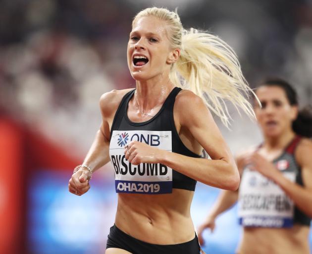 Camille Buscomb, of New Zealand, competes in the women's 5000m heats at the IAAF World Athletics...