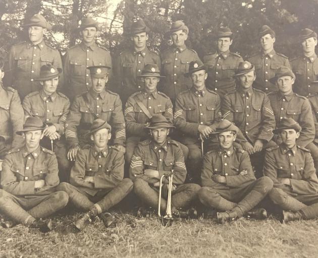 Kaiapoi soldiers pose for a photo at Mr K. McIntosh's farm on Beach Road, Kaiapoi, in 1916. The...