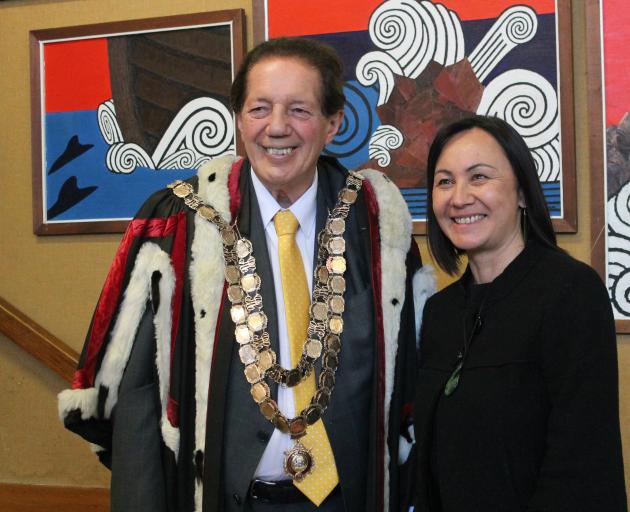 Mayor Sir Tim Shadbolt and Deputy Mayor Toni Biddle at the Murihiku marae where the Invercargill City Council held its inaugural meeting yesterday. Photo: Luisa Girao