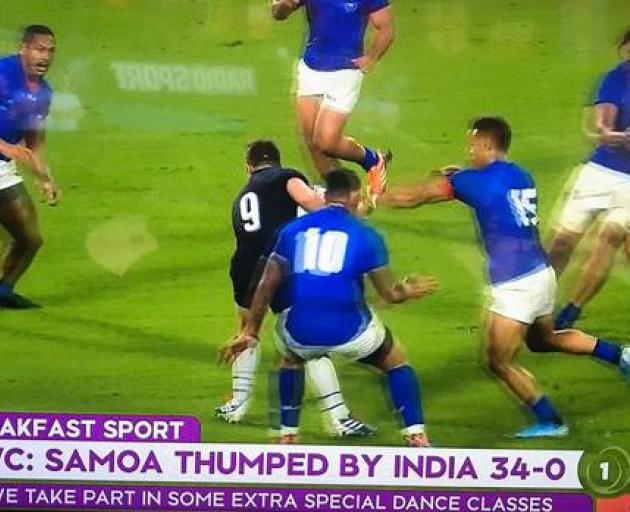 A graphics error on the show wrongly stated 'Samoa thumped by India 34-0'. Photo: Supplied via NZ Herald