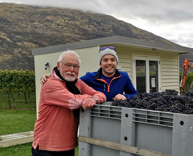 Not-quite-retired grower and winemaker Alan Brady (left), of Clyde, and Irish winemaking intern Brian Shaw used fruit from the Kinross vineyard in Gibbston to make wine for Mr Brady's Wild Irishman label. Photo: Alan Brady