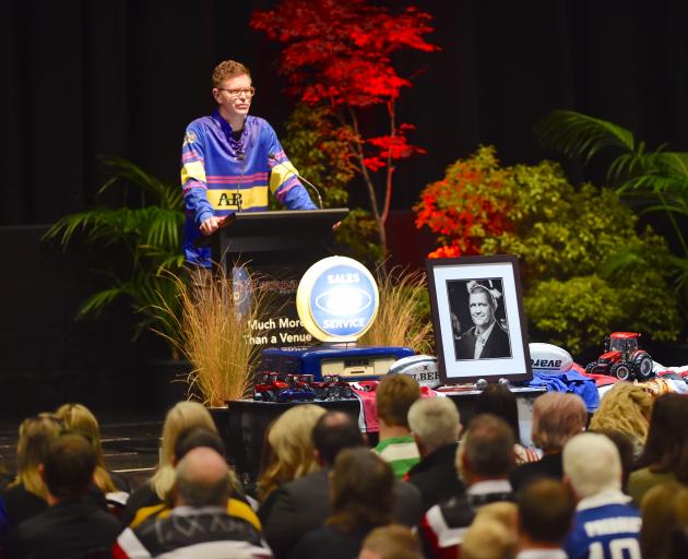 Shaun Vining delivers a moving and humorous eulogy to his brother at Blair Vining's memorial service at Stadium Southland yesterday. Photo: Gregor Richardson