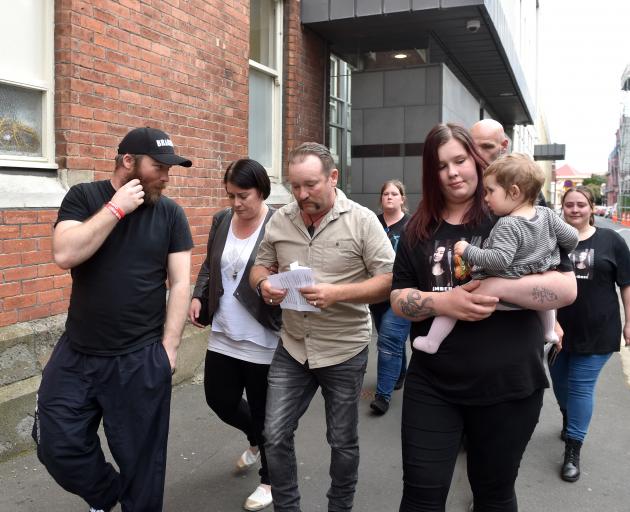 Shane Rush (centre) and family leave after a jury in the High Court at Dunedin yesterday found Venod Skantha was guilty of the murder of 16-year-old Amber-Rose Rush. Photo: Peter McIntosh