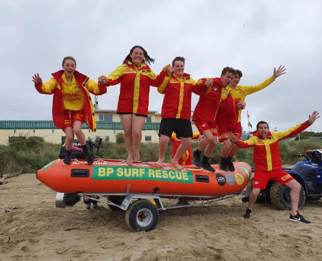 Celebrating their club's win in the BP Vote the Boat competition for a new IRB yesterday are (from left) Kaka Point surf life savers Lucy Kell, Isla Hastie, Elliott Budge, Morgan Greer and Laytun Lornie (all 15), and Daniel Haar. PHOTO: BP/SUPPLIED