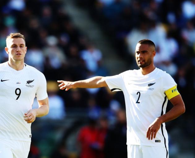 Chris Wood and Winston Reid during the All Whites first leg match against Peru in Wellington....