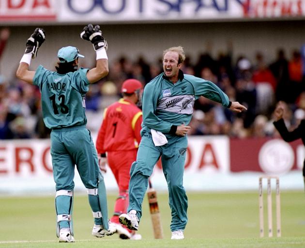 Chris Harris celebrates a Zimbabwe wicket in the 1999 World Cup Super Six match at Headingley in...