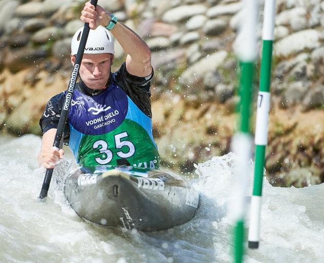 Finn Butcher on his way to 13th in the men’s K1 at the canoe slalom World Cup in Slovakia in June...