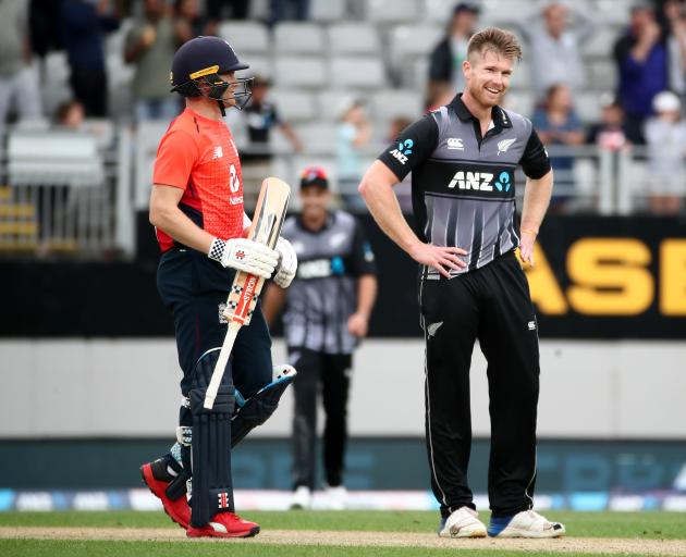 Jimmy Neesham sees the funny side as New Zealand and England are forced  into a super over in the...