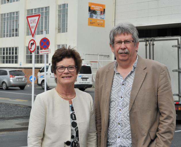 Outgoing Southern District Health Board commissioners Kathy Grant and Richard Thomson, on the site where the new Dunedin hospital will be built. Photo: Christine O'Connor