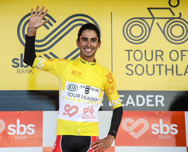 Kia Motors-Acot Park Hotel rider Eder Frayre, of Mexico, celebrates on the podium at Coronet Peak after winning stage three of the Tour of Southland yesterday. Photo: James Jubb/Studio Jubb