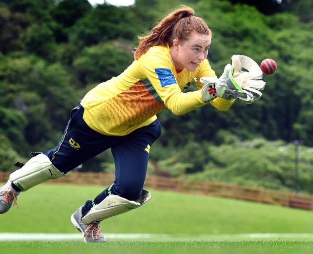 Otago wicketkeeper-batsman Sophie Gray nabs a catch at the University of Otago Oval yesterday. Photo: Peter McIntosh