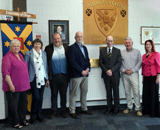 Standing with the plaque which was unveiled for University College’s 50th anniversary are (from...