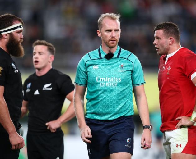 Wayne Barnes officiates the third and fourth playoff between the All Blacks and Wales at the 2019...