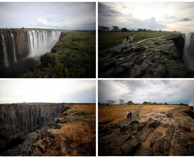 A combination picture shows water flowing (top) and low-water levels after a prolonged drought ...