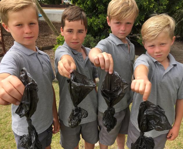 St Gerard’s School pupils (from left) Arn Cuthbertson, Freddie Ryan, George Donaldson and Quinn Breen display some of the 45 bags of dog poo they retrieved from under a tree while picking up rubbish off the rail trail yesterday. Photo: Alexia Johnston