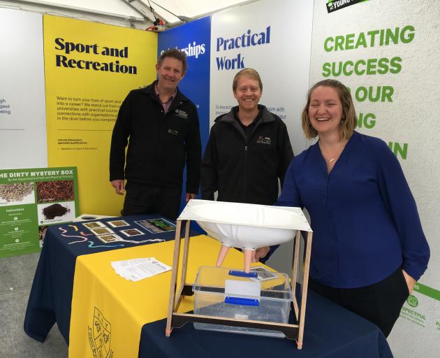 Lincoln University agriculture and life sciences Prof John Hickford (left), Children’s University Canterbury Partnership learning co-ordinator Jack Swannell and Lincoln University educational facilitator Lauren Roberts were at the New Zealand Agricultural