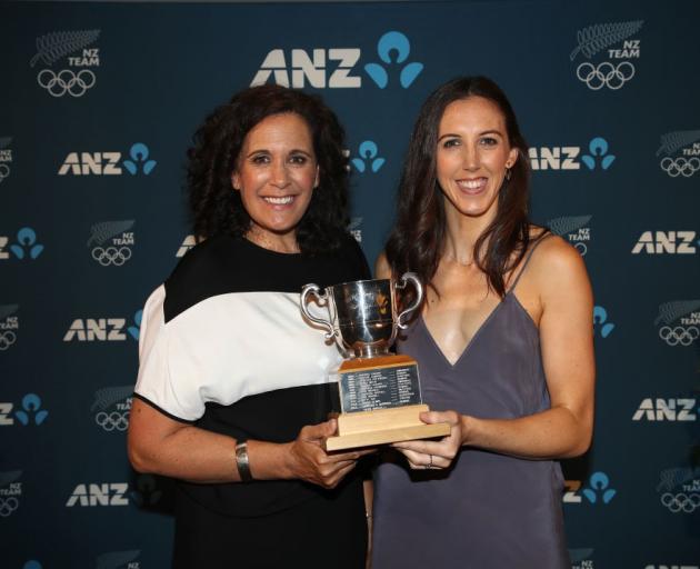 Silver Ferns assistant coach Deb Fuller and shooter Bailey Mes with the Lonsdale Cup. Photo:...