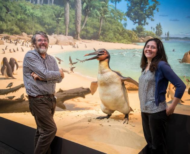 Canterbury Museum curators Dr Paul Scofield and Dr Vanesa De Pietri with a life-sized model of a...