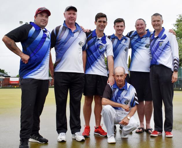 Celebrating after their win yesterday are Kaikorai Bowling Club men’s sevens team members (from...