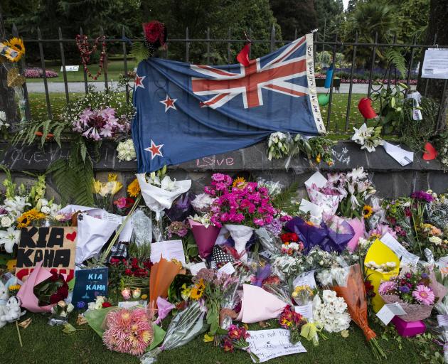 Flowers and condolences on Rolleston Ave following the March 15 attacks. Photo: Martin Hunter