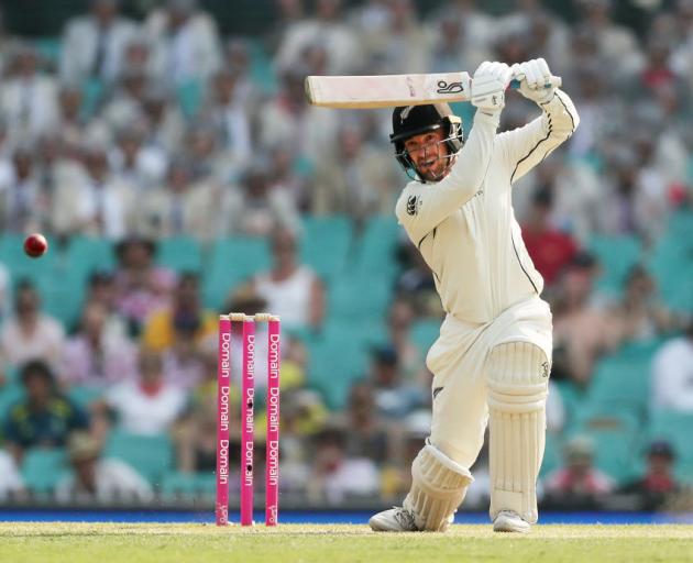 Tom Blundell of New Zealand bats during day two of the Third Test match in the series between...