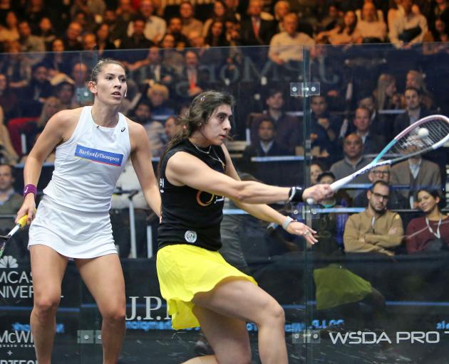 New Zealand squash player Joelle King (left) battles hard but cannot overcome Egypt’s Nour El...