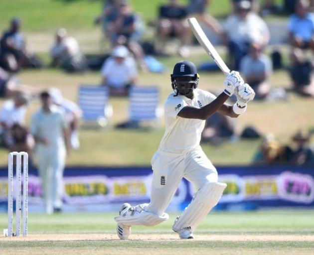 Jofra Archer bats during yesterday's fifth day of the first test between England and New Zealand....