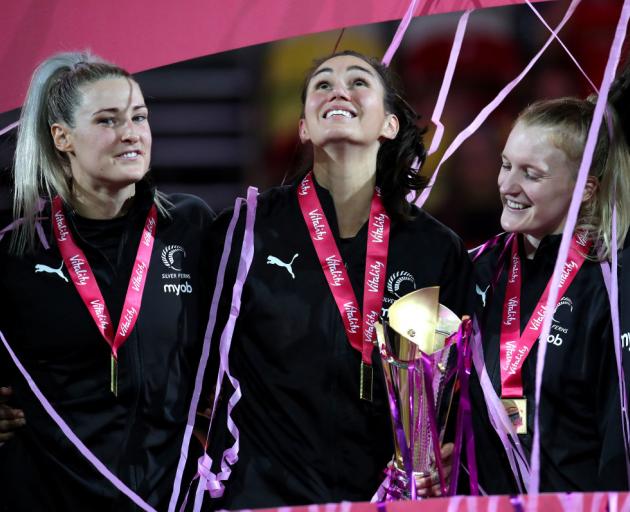 New Zealand's Ameliaranne Ekenasio celebrates with team mates after winning the Vitality Netball Nations Cup gold medal match at The Copper Box, London. Photo: Getty Images