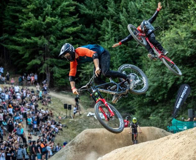 Queenstown's Conor Macfarlane (front) and Billy Meaclem, of Christchurch, in action during the 2020 McGazza Fest, held in Queenstown over the weekend. Photo: Sven Martin/Queenstown MTB Club