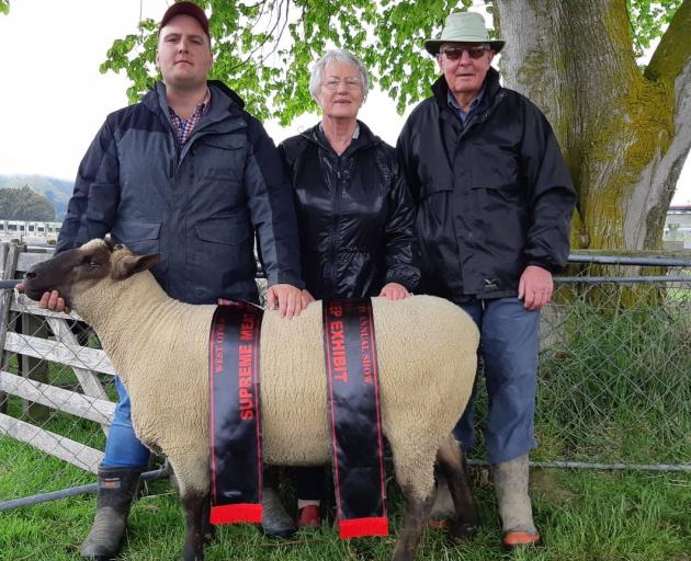 Doris and Trevor McCall, of Charlton, are handing over their Myola South Suffolk stud to their grandson Matt. The stud won the supreme meat breed title at the West Otago A&P Show in November. Photo: Supplied