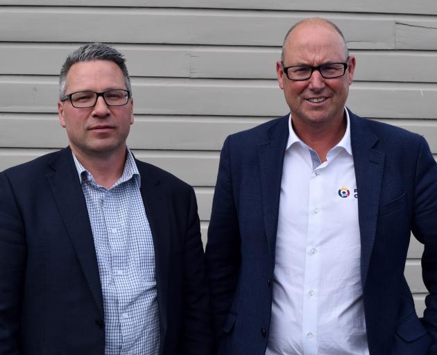 Dunedin Railways chairman Kevin Winders (right) and chief executive Craig Osborne after speaking...