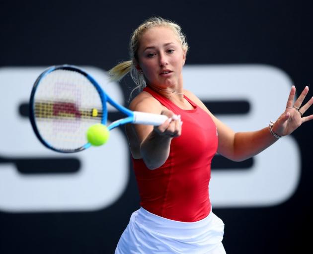 Valentina Ivanov plays a forehand in her first round loss at the ASB Classic yesterday. Photo:...