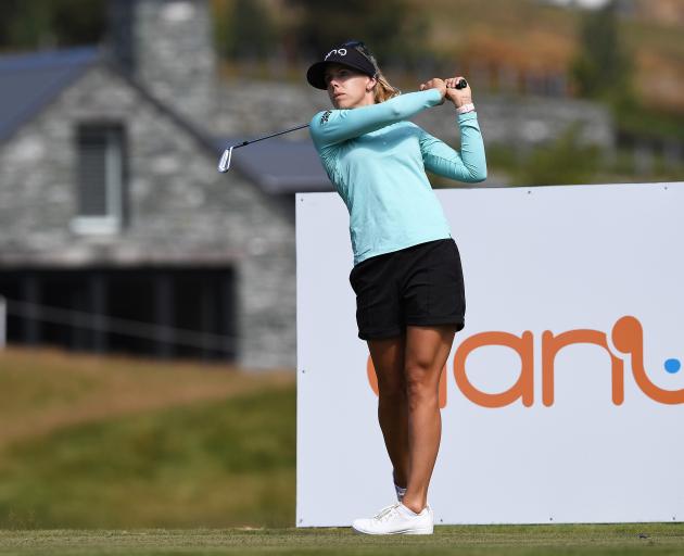 Sweden’s Pernilla Lindberg plays a tee shot during a practice round at Millbrook in Arrowtown...