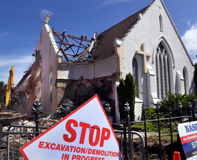 St James Church in South Dunedin was demolished yesterday because it was not earthquake-proof. Photo: Stephen Jaquiery