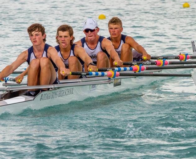 Grayson Small, Jacob Bolwell, Cody Campbell, Heny Kirk and cox Jake Burgess, of Otago Boys’ High School Rowing Club, on their way to silver in the boys under-16 coxed quad sculls. Photos: Sharron Bennett