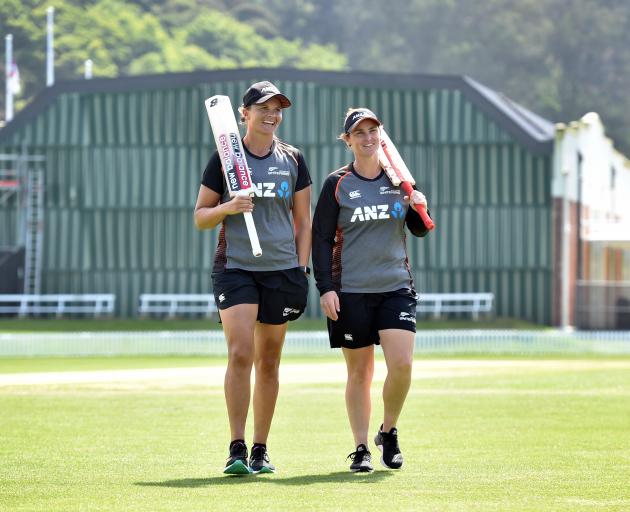 White Ferns duo Suzie Bates (left) and Katey Martin will play their first cricket international at their home ground today. Photo: Peter McIntosh