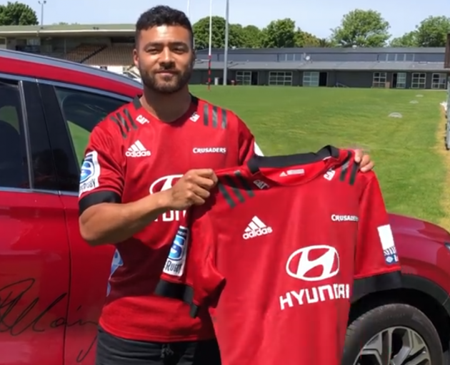 Richard Mo'unga shows off the new Crusaders home jersey for the 2020 season. Photo: Crusaders