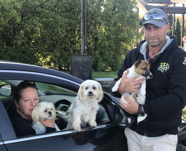 Veronica and Corey Woodrow with their three dogs Pocket, Pixie and Mocha. Photo: Luisa Girao