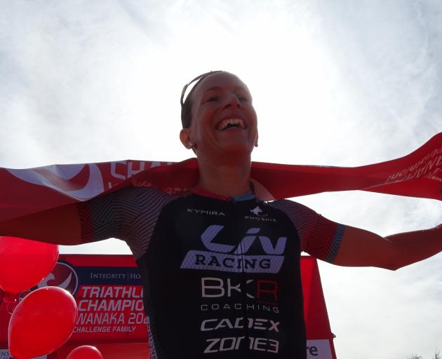 Radka Kahlefeldt, of the Czech Republic, is all smiles after winning the Challenge Wanaka women’s...