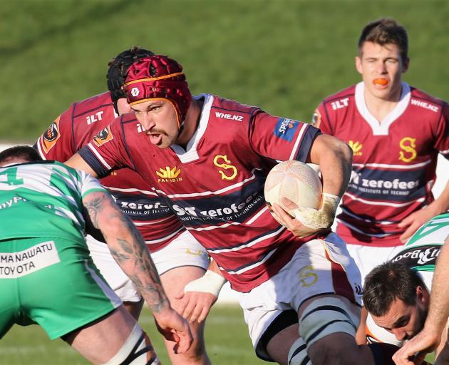 Southland lock Mike McKee bursts away with the ball during his side's Mitre 10 Cup game at Rugby...