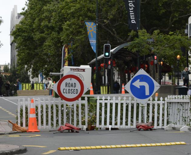 Picket fences, plants, and road cones mark the Octagon central carriageway’s closure.