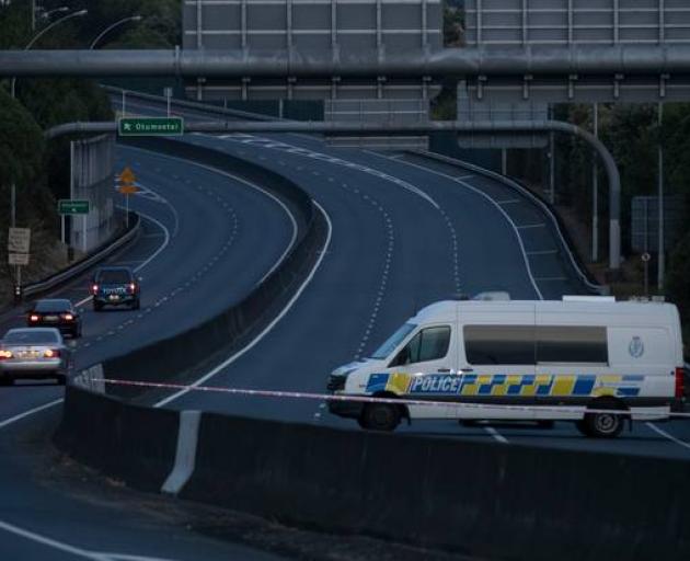 A police van at the police cordon on the closed SH2 in the early hours of Friday morning. Photo:...