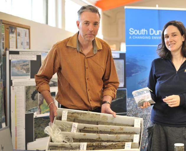 Informing the public of the geology of South Dunedin yesterday are Dunedin City Council communications and engagement adviser Ian Telfer and Otago Regional Council natural hazards analyst Sharon Hornblow. Photo: Christine O'Connor