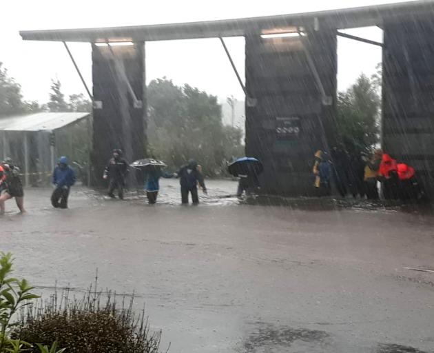 Tourists scramble for shelter from heavy rain at the Real Journeys Milford Sound visitors terminal. Photo: Emergency Management Southland