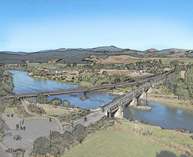 A westward-looking perspective of the proposed new two-lane $20million Beaumont bridge, sitting alongside the existing one-lane bridge (right). Image: WSP OPUS/NZ Transport Agency