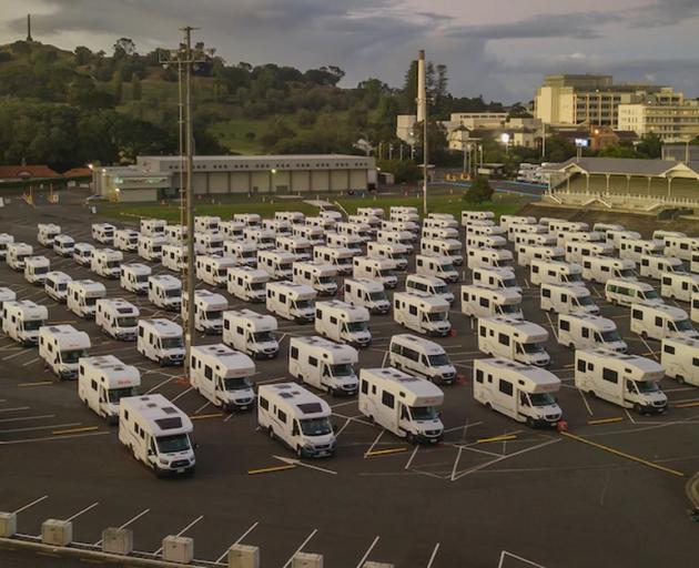 Campervans lined up at the ASB Showgrounds in Greenlane Auckland. Photo / Peter Meecham
